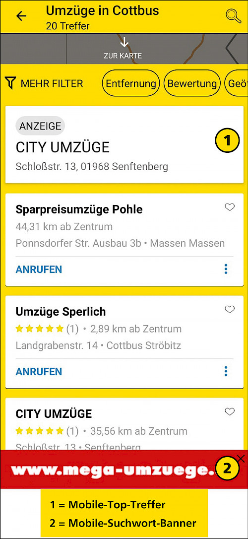 Gelbe Seiten Mobil - Toptreffer (1) und Mobil-Banner (2)