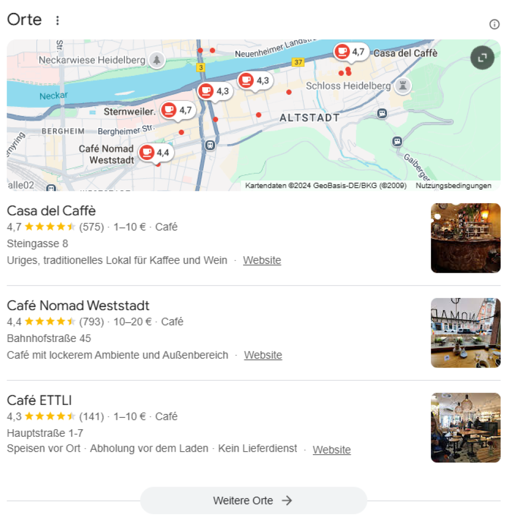 Um zu verdeutlichen wie Heidelberger Unternehmen mithilfe von SEO besser gefunden werden, sieht man ein Localpack mit Cafes in Heidelberg.